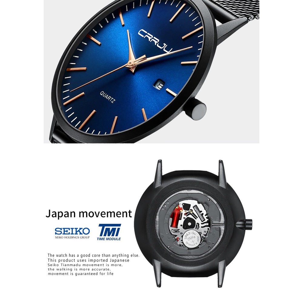 Đồng hồ nam CRRJU 2172X thạch anh mỏng chống nước dây bằng inox