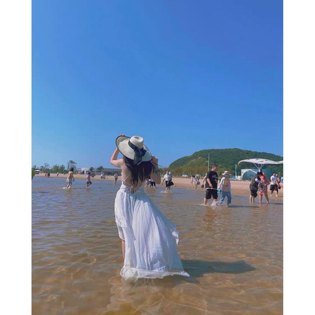 Đầm maxi trắng đi biển hay dây hớ lưng xẻ tà Hakieu MSP042