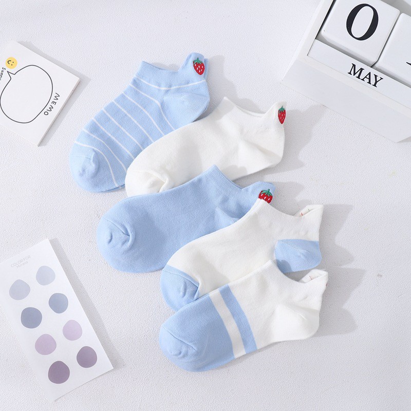 WAFNHA D269 Vớ Cotton Cổ Thấp Thêu Hình Dâu Tây/Hoạt Hình Dễ Thương Màu Xanh Dương Nhạt Thời Trang