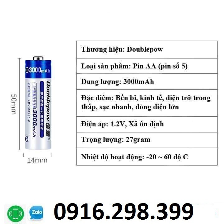 bộ 2 Pin tiểu sạc dung lượng cao Doublepow AA 3000mAh