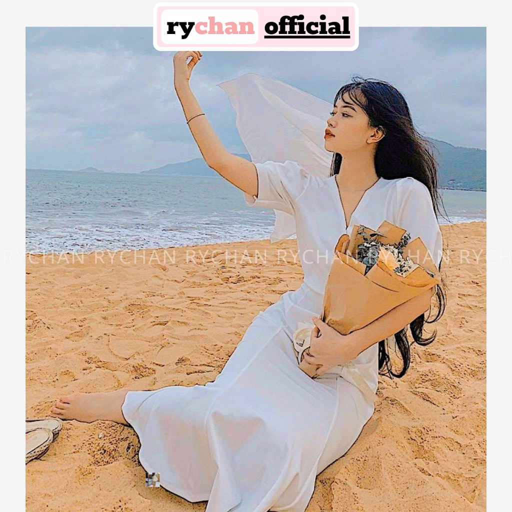 Đầm Đi Biển Maxi Trắng Đuôi Cá Đắp Cổ Tay Phồng Cột Lưng Lót Trong Dày Dặn [Ảnh Thật Cuối] - DM0107