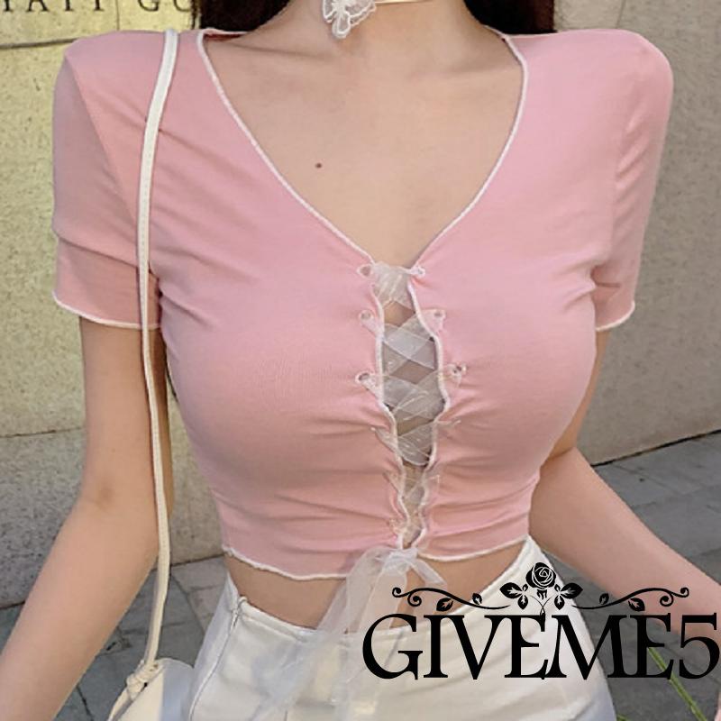 Áo thun croptop tay ngắn cổ chữ V màu sắc thời trang cho nữ