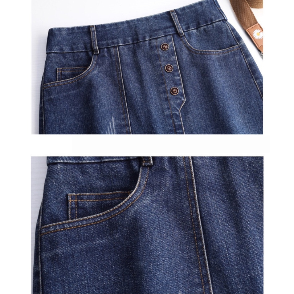 Chân váy jean  dài ngang gối dáng chữ a lưng cao xẻ tà phối vạt cúc lệch trẻ trung sành điệu