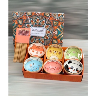 🍜🍚 bộ 6 chén và 6 đôi đũa hoạ tiết hoạt hình bohemia