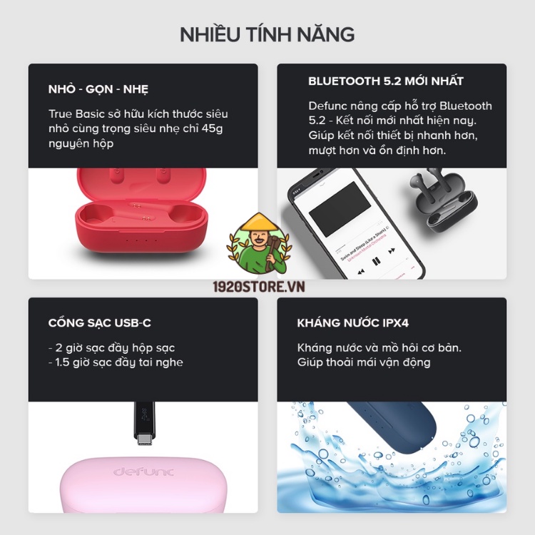 Tai Nghe True Wireless Defunc True Basic, BT 5.2, Cảm Ứng, Kháng Nước IPX4 - Chính Hãng BH 12 Tháng