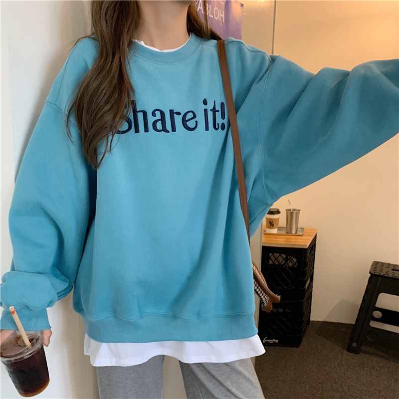 Áo nỉ dài tay cổ tròn dáng rộng in chữ thời trang