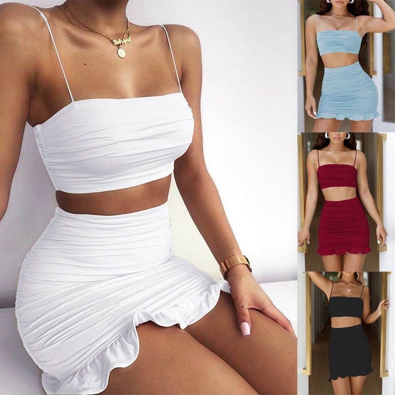 Bộ Áo Croptop Hai Dây Phối Bèo + Chân Váy Ôm Mini Thời Trang Mùa Hè 2020 Cho Nữ | BigBuy360 - bigbuy360.vn