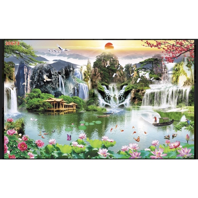 Tranh phong cảnh thác nước dán tường 3d. tranh in vải lụa, chi tiết sản phẩm zalo 0981528893
