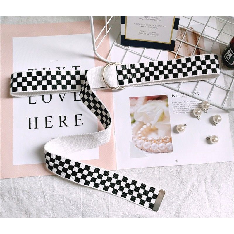 Thắt lưng canvas họa tiết kẻ ô trắng đen thời trang unisex cổ điển 22527