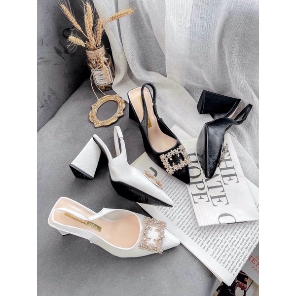 Giày sandal cao gót hoa đá vuông gót Tam giác 9p chanh xả