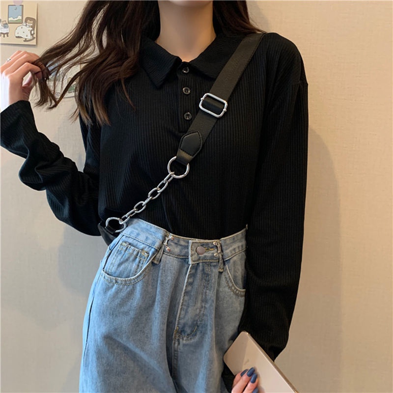 Áo Thun Nữ Dài Tay Cổ Polo Dáng Rộng Phong Cách Hàn Quốc Mới