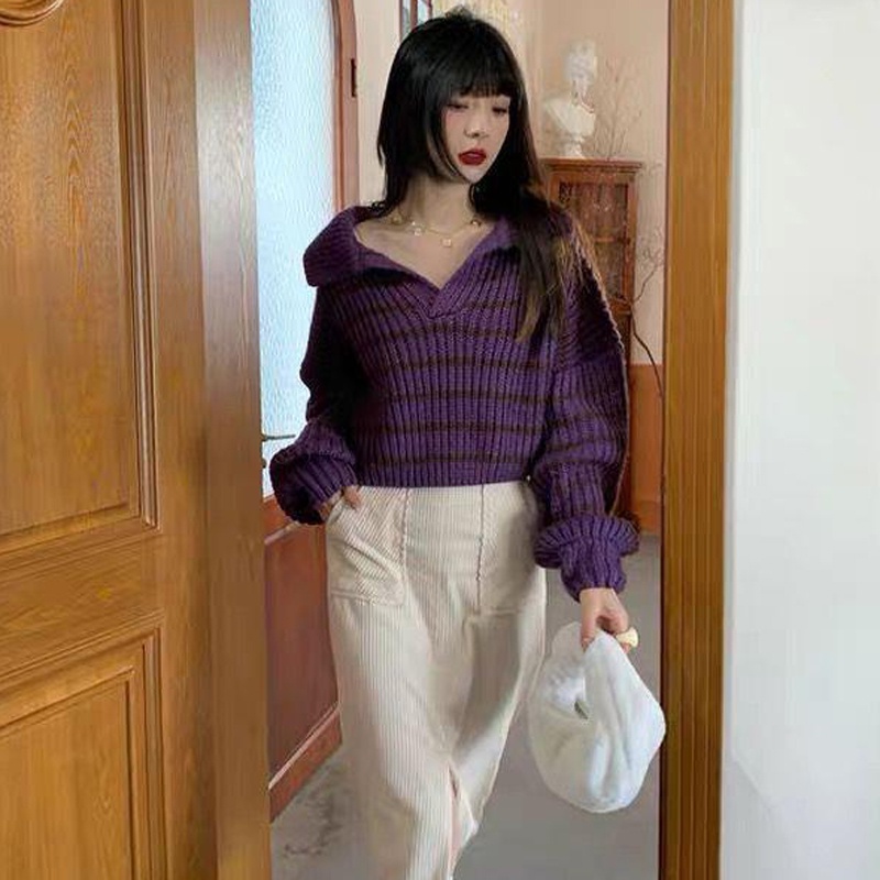 Áo sweater dệt kim IELGY họa tiết kẻ sọc thời trang cho nữ