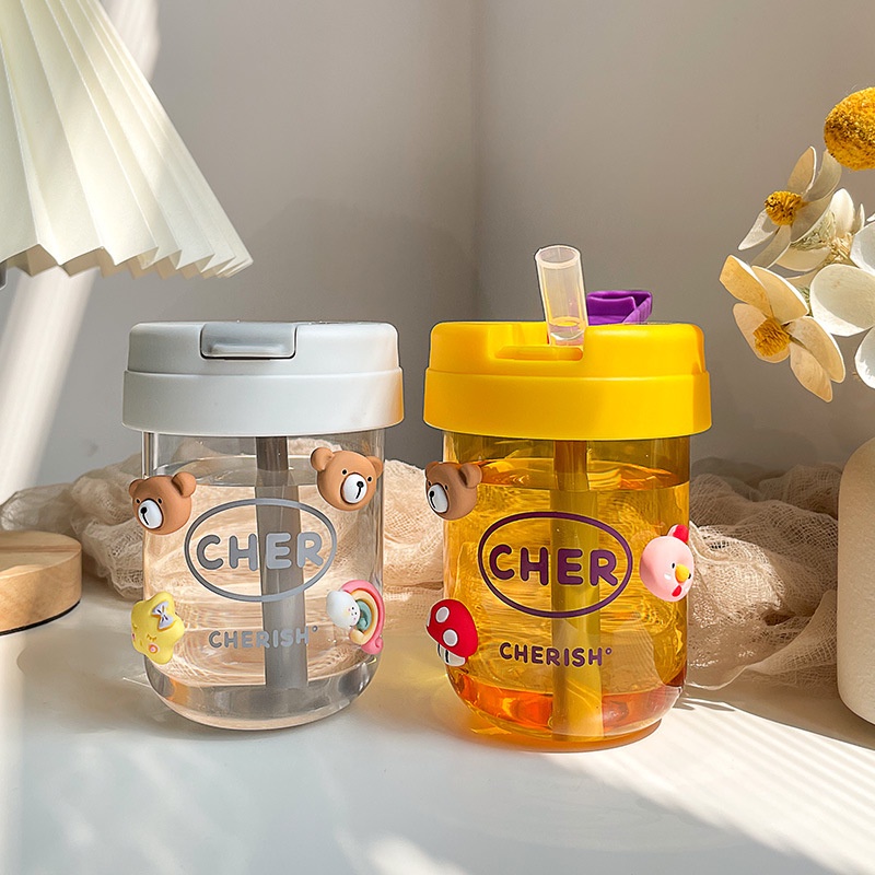 Bình Nước Chống Sốc Ngoài Trời Dễ Thương Có Ống Hút