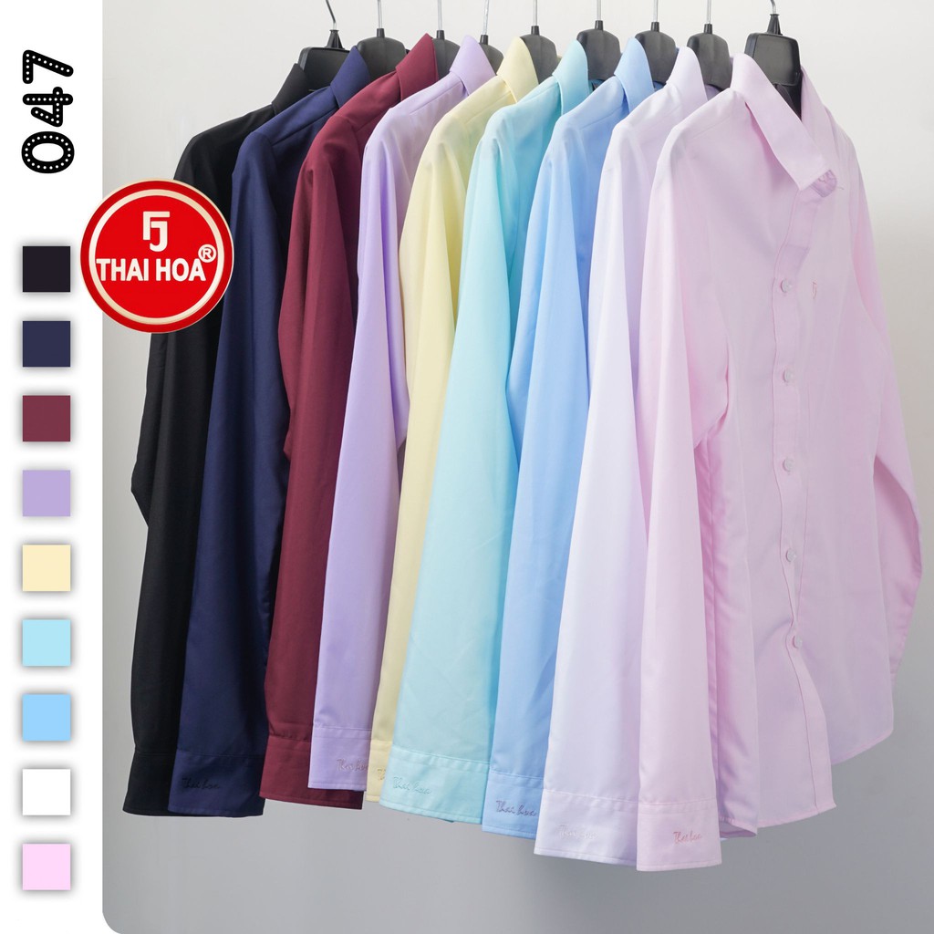 Áo sơ mi nữ Thái Hòa dài tay màu trắng vải cotton thoáng mát 047-01-01