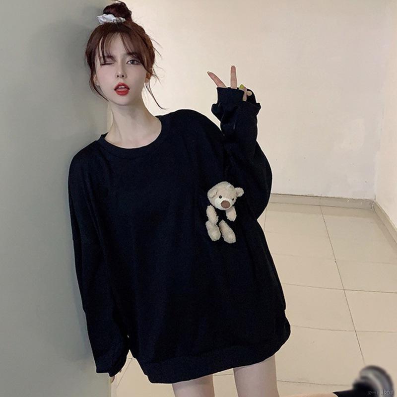 Áo Sweater Nữ Tay Dài Dáng Rộng In Hình Gấu Dễ Thương Phong Cách Hàn Quốc