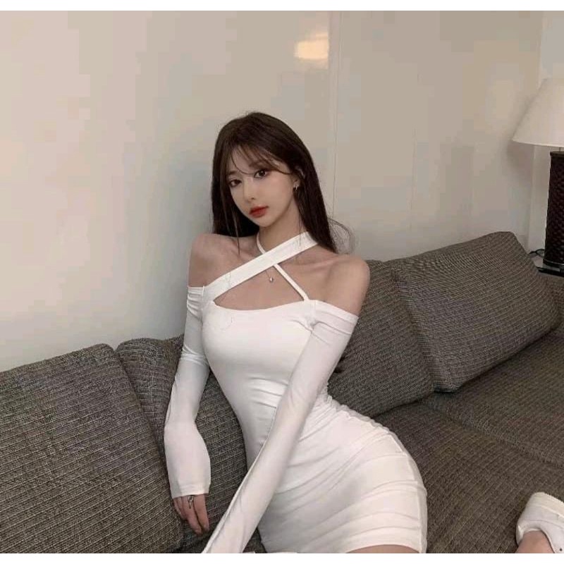 Đầm ôm body phối dây chéo cổ chất vải borip xịn co giãn tốt cam kết hàng Y hình kèm ảnh thật chính chủ (size từ 40-52kg)