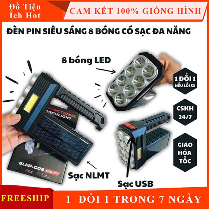 Đèn pin siêu sáng cầm tay 8 bóng Led chiếu xa 300m, đèn pin Led sạc năng lượng mặt trời chống thấm nước công suất 20W