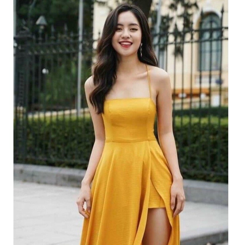 ĐẦM MAXI VÀNG ĐI BIỂN VINTAGE, ĐAN DÂY LƯNG XẺ TÀ CHẤT ĐỦI THUN MỀM MỊN
