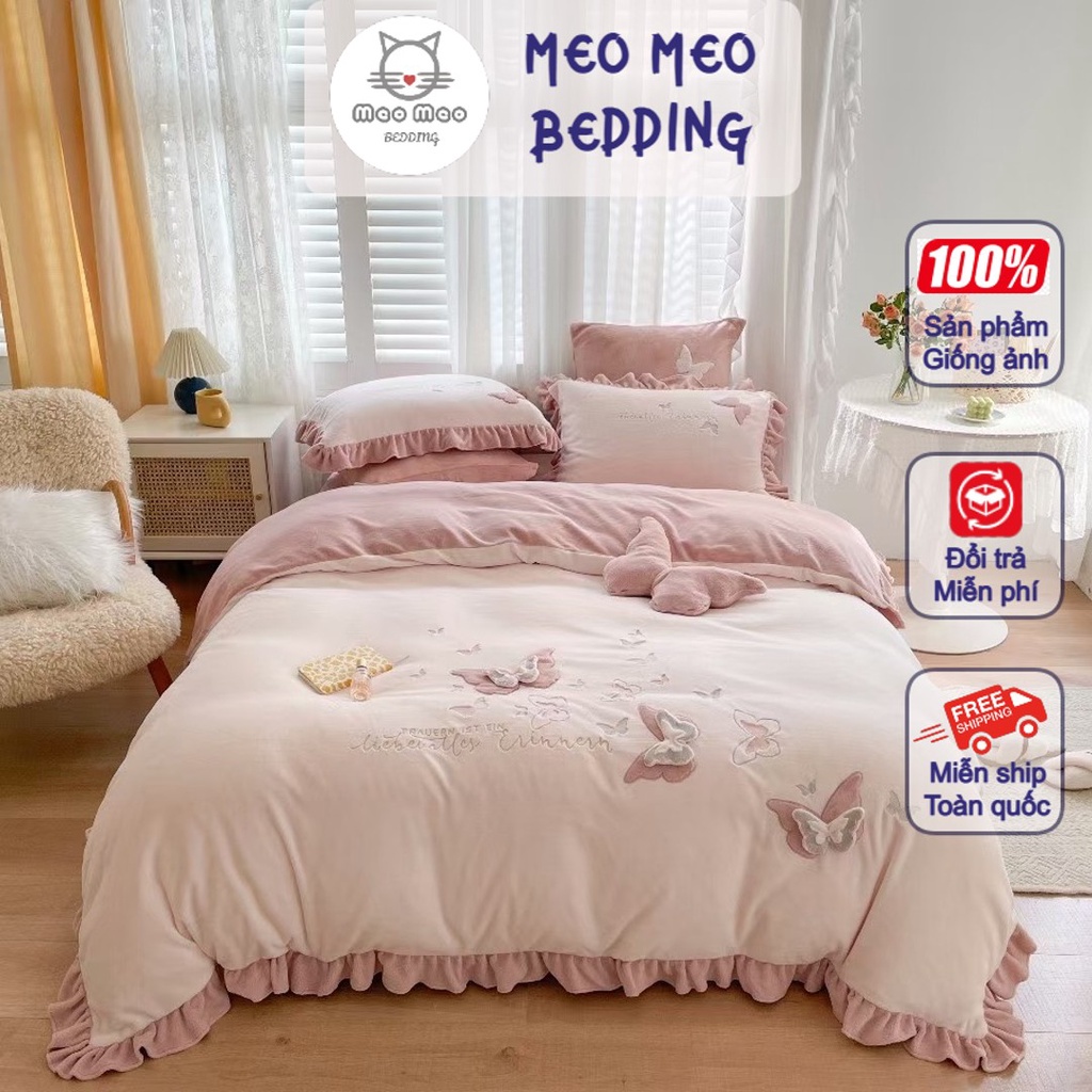 Bộ Chăn Ga Gối Cotton Bèo Chăn Hè Trần Bông Meo Meo Bedding - Nỉ 🦋 Thêu Cao Cấp - Nỉ Mịn Cao Cấp