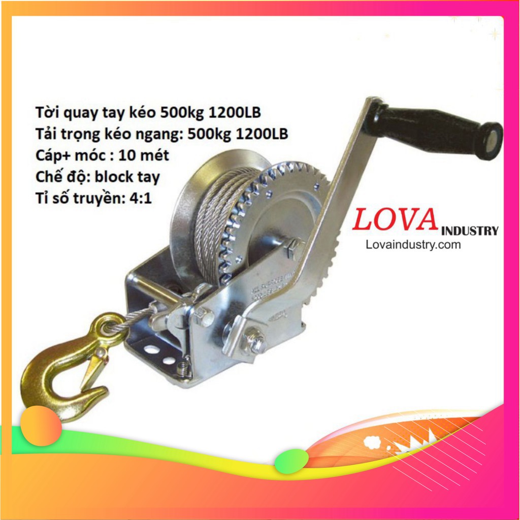 ( Chất Lượng) Tời Quay Tay 1200 LBS Tải Trọng 500 Kg Có Cáp Móc 10 Mét - (Chất Lượng)