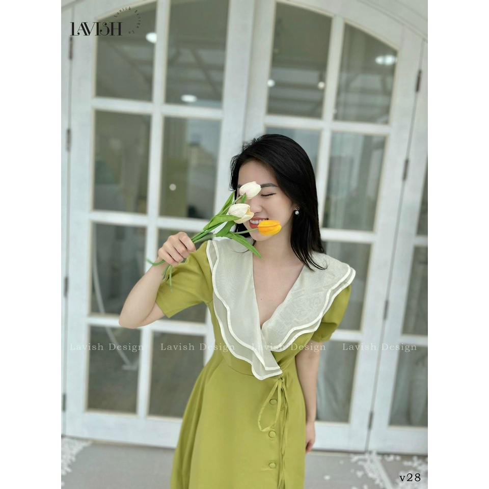 TTL Đầm váy xanh bơ midi cổ sen phối voan tơ vạt chéo eo thắt nơ tiểu thư dịu dàng công sở dự tiệc