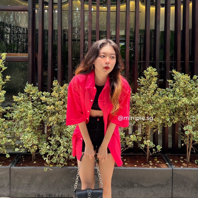 Áo Sơ Mi Nữ/ Váy Sơ Mi Tay Ngắn Dáng Rộng Hàn Quốc Trendy Màu Hồng Hot Pink Xanh Pastel - Minipie