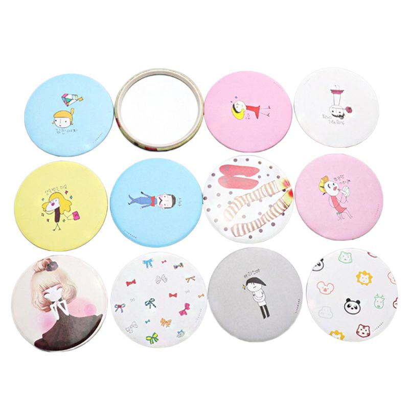 [Hàng mới về] Gương trang điểm mini hình tròn kích thước bỏ túi dễ mang theo in họa tiết hoạt hình