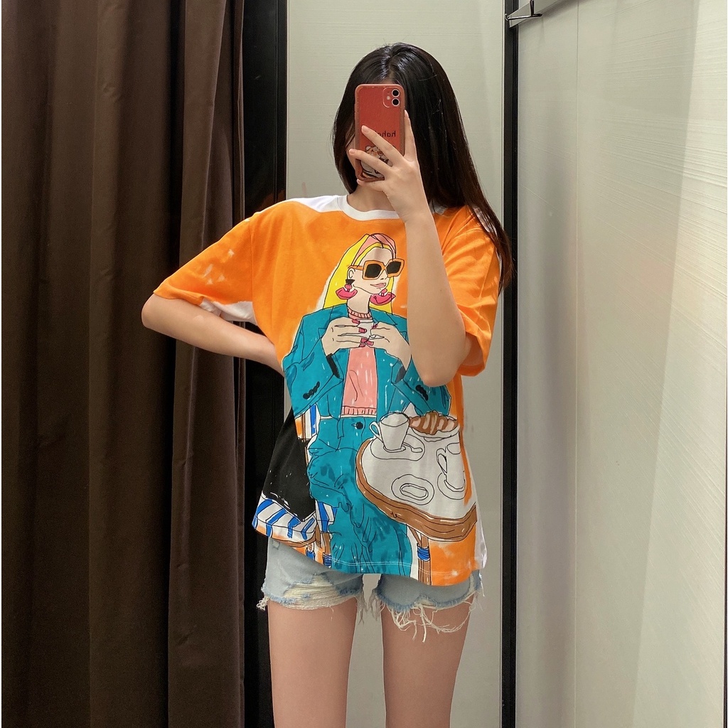 Áo Thun Tay Ngắn Cổ Tròn Dáng Rộng In Hình Cô Gái Uống Trà Chiều Thời Trang Mùa Hè Zara 221131823 Bán Buôn