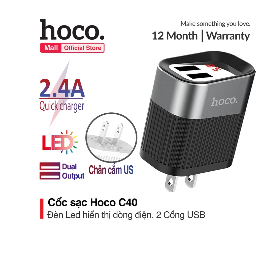 CỦ SẠC HOCO C40 MAX Sạc nhanh 2 cổng 5V-2.4A hiển thị thông số sạc tương thích Smart phone - Table