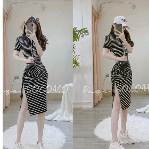 Đầm body tay ngắn cổ bẻ trơn & sọc xẻ tà rút dây