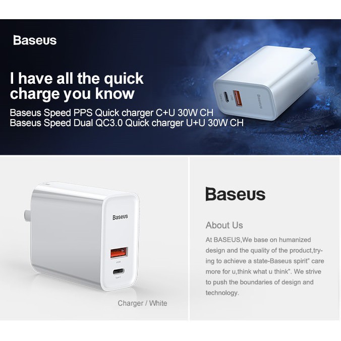 Sạc nhanh 3 cổng 60w BASEUS PPS quick charger (C+U+U) CN CCFS-F01 /F02(Tặng mã Freeship Extra toàn quốc)