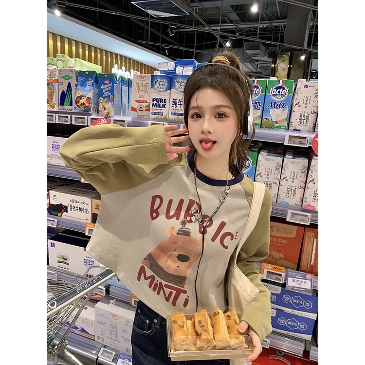 Áo Croptop Len Tay Dài Cổ Tròn In Hình Gấu Màu Sắc retro Dành Cho Nữ