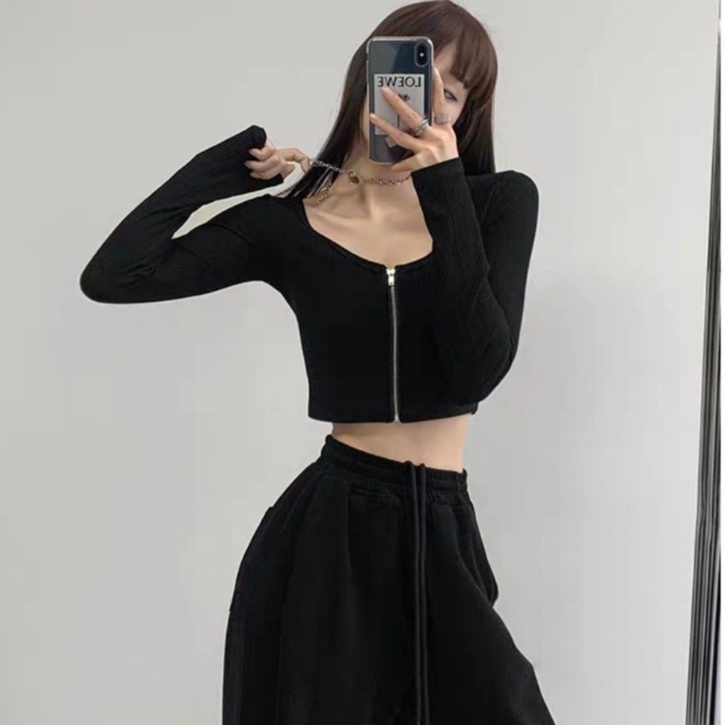 Áo Croptop Tay Dài Nữ DÂY KÉO NGỰC Thun Gân Tốt Ulzzang, Áo thun nữ dài tay chất vải tốt mặc đẹp GUVIA