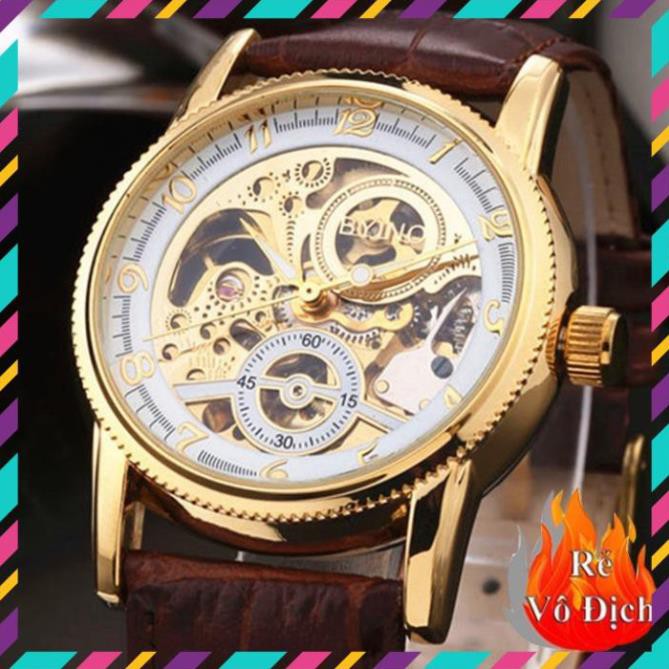 Đồng Hồ Nam Cơ Lộ Máy Dây Da Bò Cao Cấp BYINO Chống Thấm Nước Chống Xước