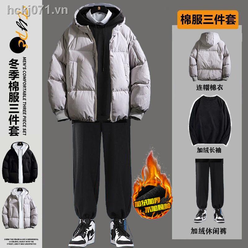 ✴♛Bộ đồ ba mảnh vải cotton mùa đông dành cho nam giới dày ấm có mũ trùm đầu bằng vải bông đệm áo khoác áo khoác cotton với bộ quần áo nam nhung cùng với bộ quần áo nam