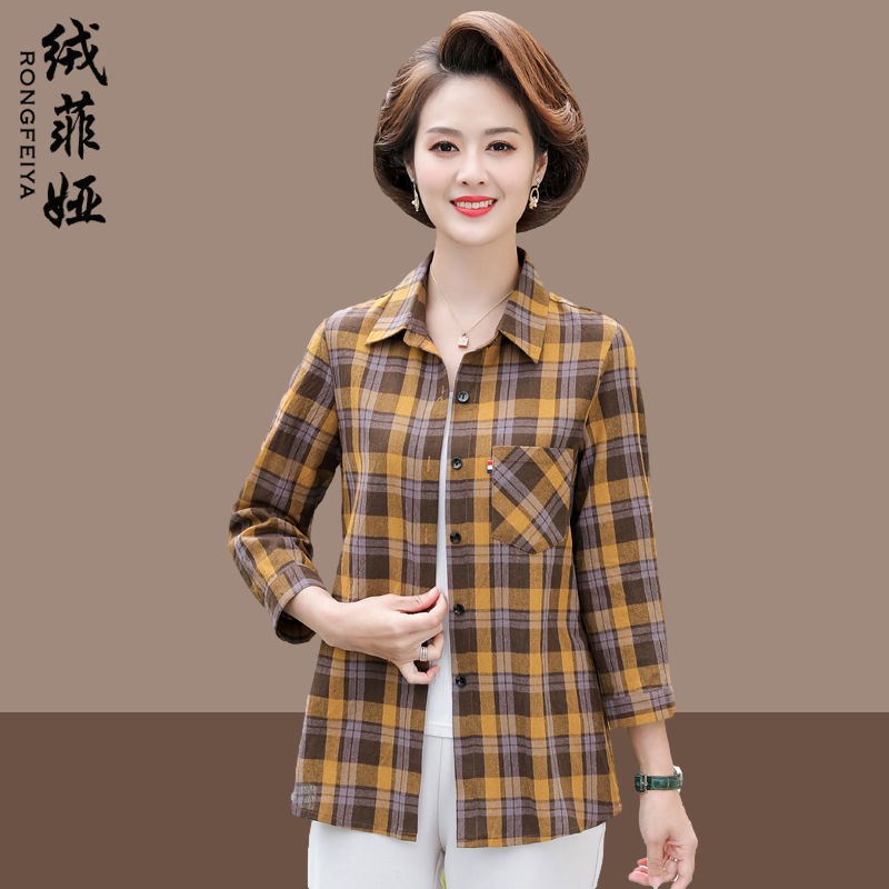 Áo sơ mi kẻ sọc cho mẹ, cotton nguyên chất nữ 2021 mùa hè mới người trung niên và lớn tuổi, size