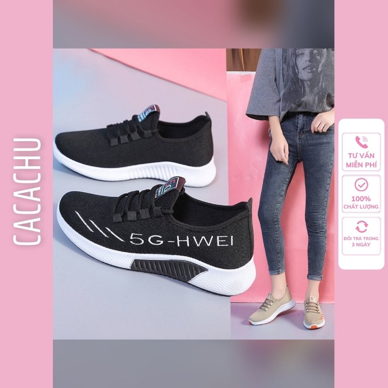 Giày thể thao nữ sneaker đẹp hot 2021 thêu 5G Hwei chạy bộ CACACHU G009, đế siêu êm thoáng khí 2 màu đen be thời trang