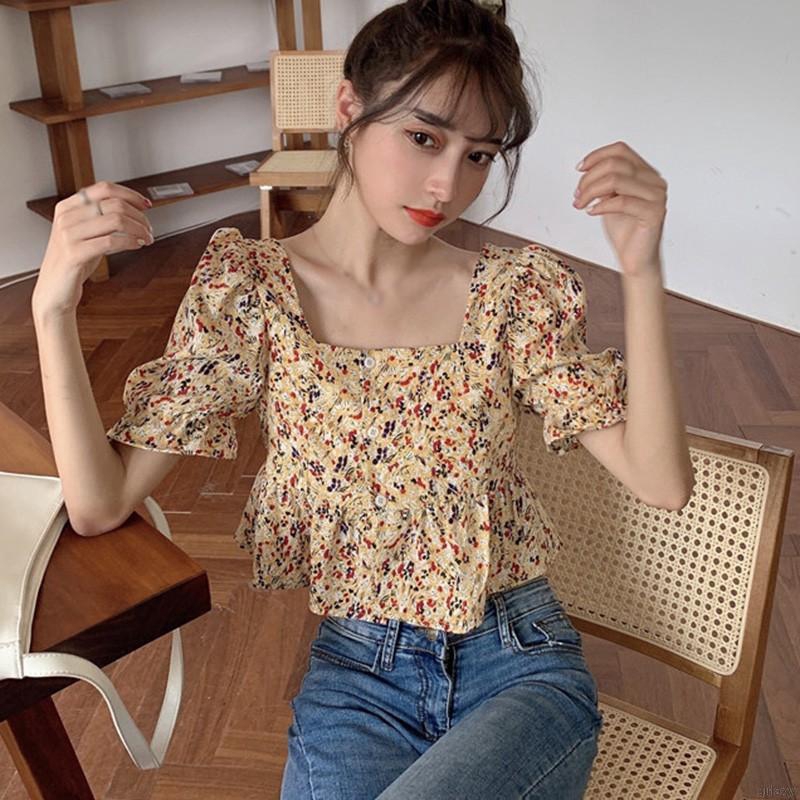 Áo Kiểu Chiffon Cổ Vuông In Họa Tiết Hoa Xinh Xắn Phong Cách Hàn Quốc
