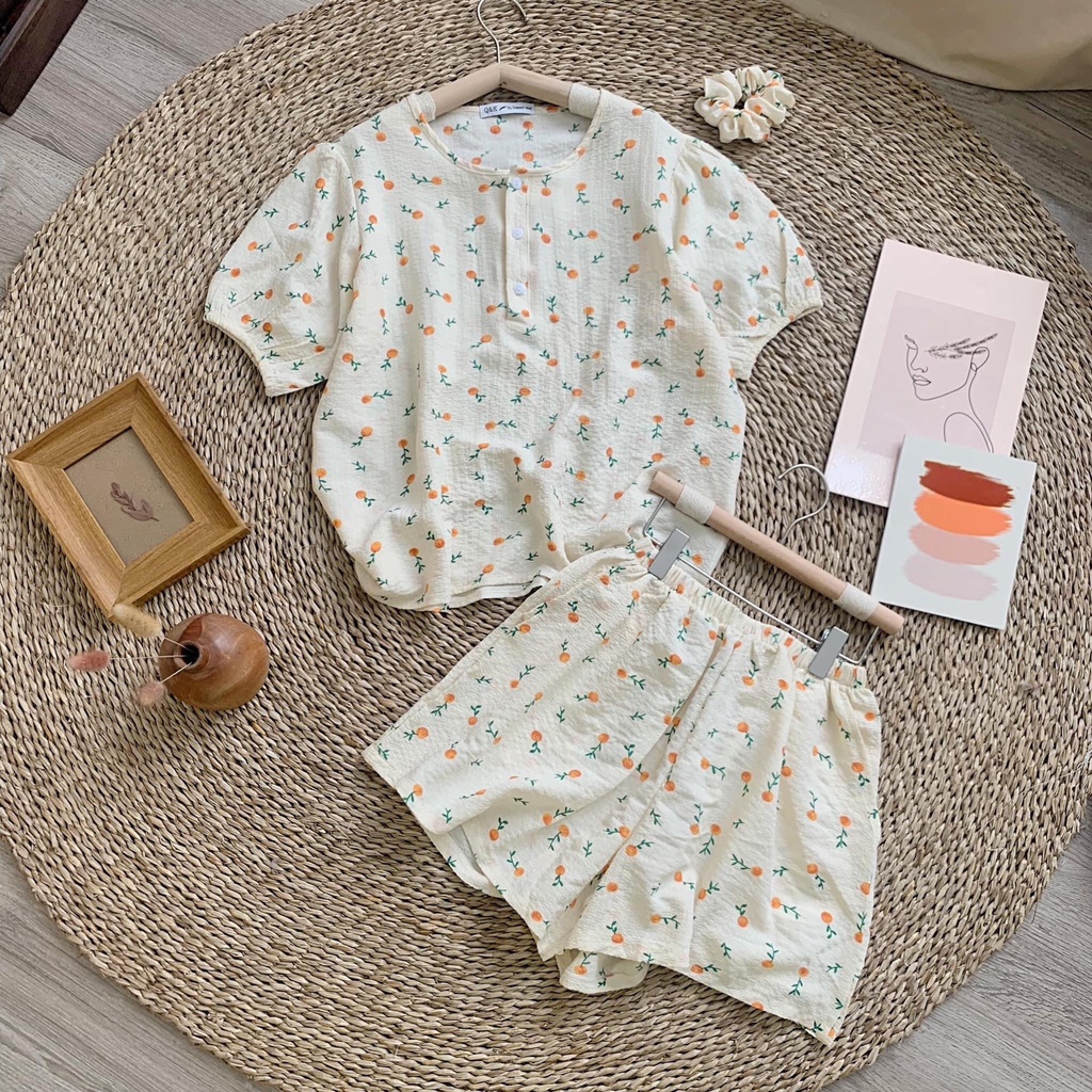 Set đồ ngủ nữ đũi xốp kèm chun cột tóc cùng bộ họa tiết xinh xắn dễ thương Shop Đậu Xinh - B602