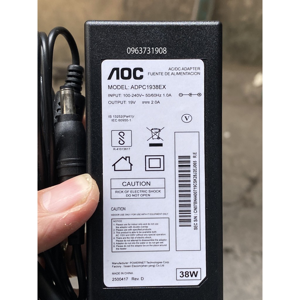 Dây nguồn màn hình AOC 19v 2.0A bảo hành 12 tháng