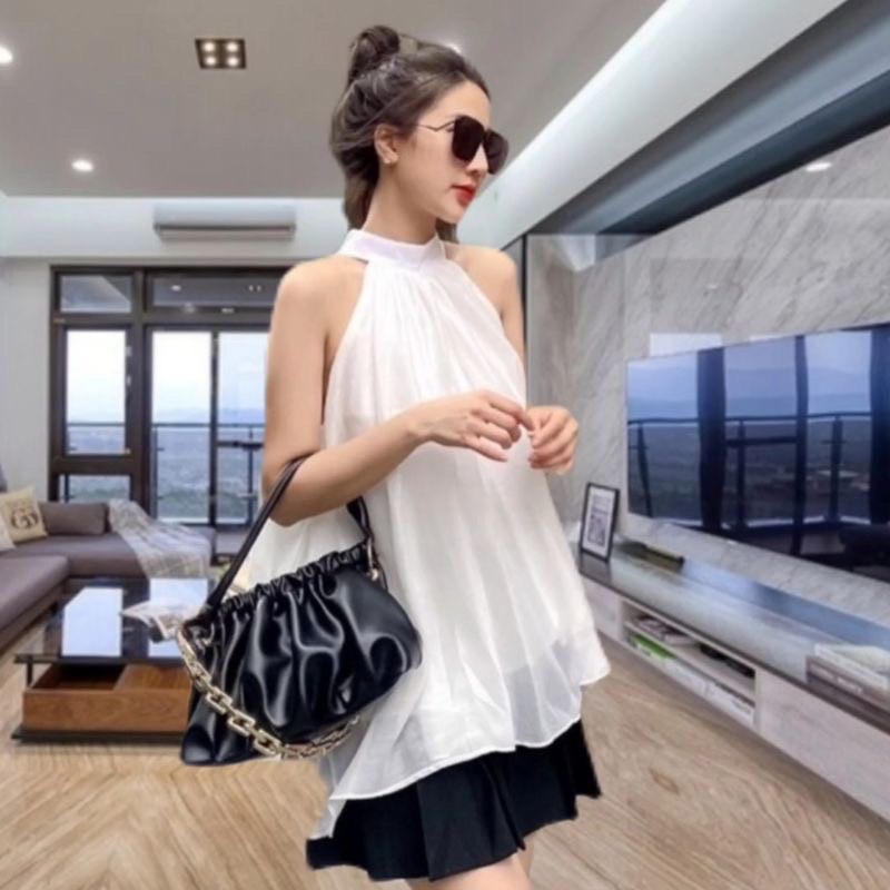 Áo Kiểu Nữ Tiểu Thư Sang Chảnh Cổ Yếm 2 lớp- Áo Hở Vai Bánh Bèo Trắng(ảnh thật -sẵn)