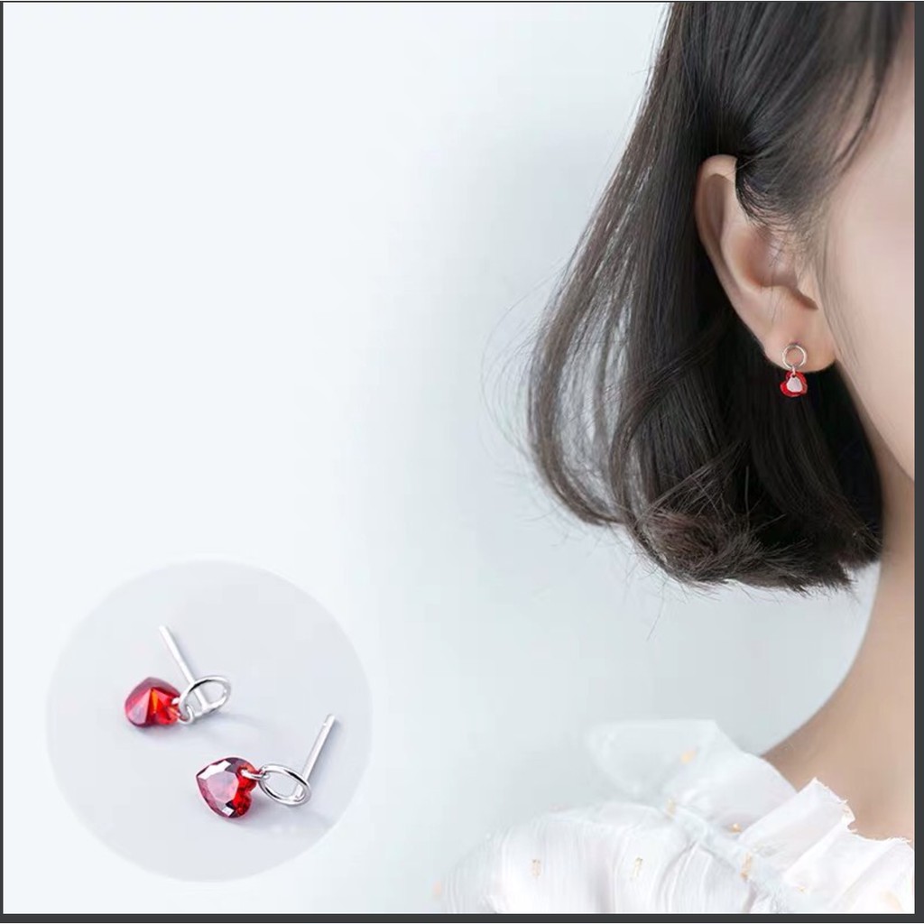 Bạc Ý S925 Mẫu khuyên tròn đá trái tim - Bông tai bạc, khuyên tai Hàn Quốc