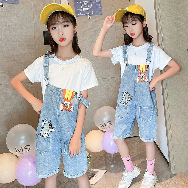 Set yếm jean ngắn hoạt hình dễ thương cho bé gái (Hàng order)
