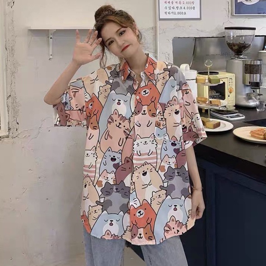 Áo sơ mi, áo sơ mi nam nữ unisex in hình mèo cute, chất vải poly mềm mát trẻ trung, cá tính QC5