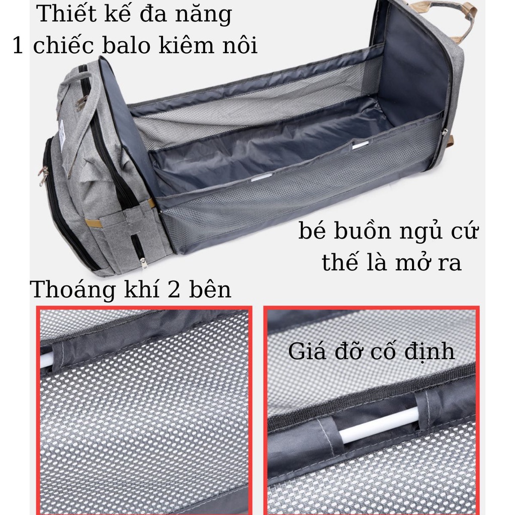 Balo Bỉm Sữa Đa Năng Cho Mẹ Và Bé Kèm Nôi Di Động, Túi Đựng Đồ Trẻ Em Giữ Nhiệt Nhiều Ngăn Tiện Dụng, Vải Sịn Chống Nước