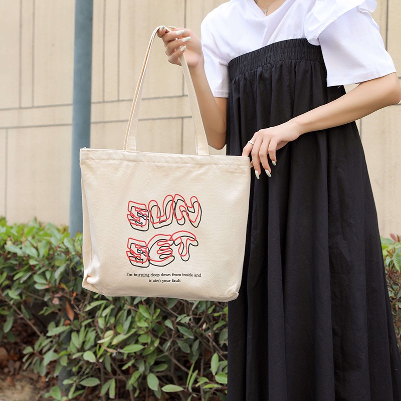 Túi tote HAZIN vải canvas ulzzang unisex in chữ Sunset có khoá miệng túi nhỏ bên trong HZ58