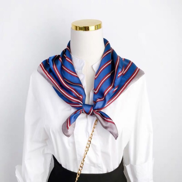 Khăn turban lụa vuông cao cấp choàng cổ size 70x70cm thanh lịch đa năng dùng làm áo yếm in sọc
