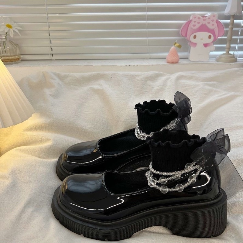 GIÀY DA LOLITA ĐÍNH NƠ ĐẾ CAO HAI MÀU TRẮNG ĐEN