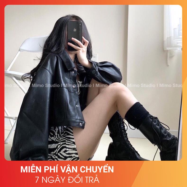 [Loại 1] Áo Khoác Da Croptop 24April [FREESHIP] Jacket biker tay bồng cá tính màu đen,dáng ngắn thể thao Ulzzang