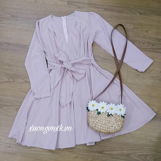 Đầm hồng tay dài cột eo